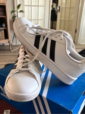 adidas White Sneakers with Black Three Stripes